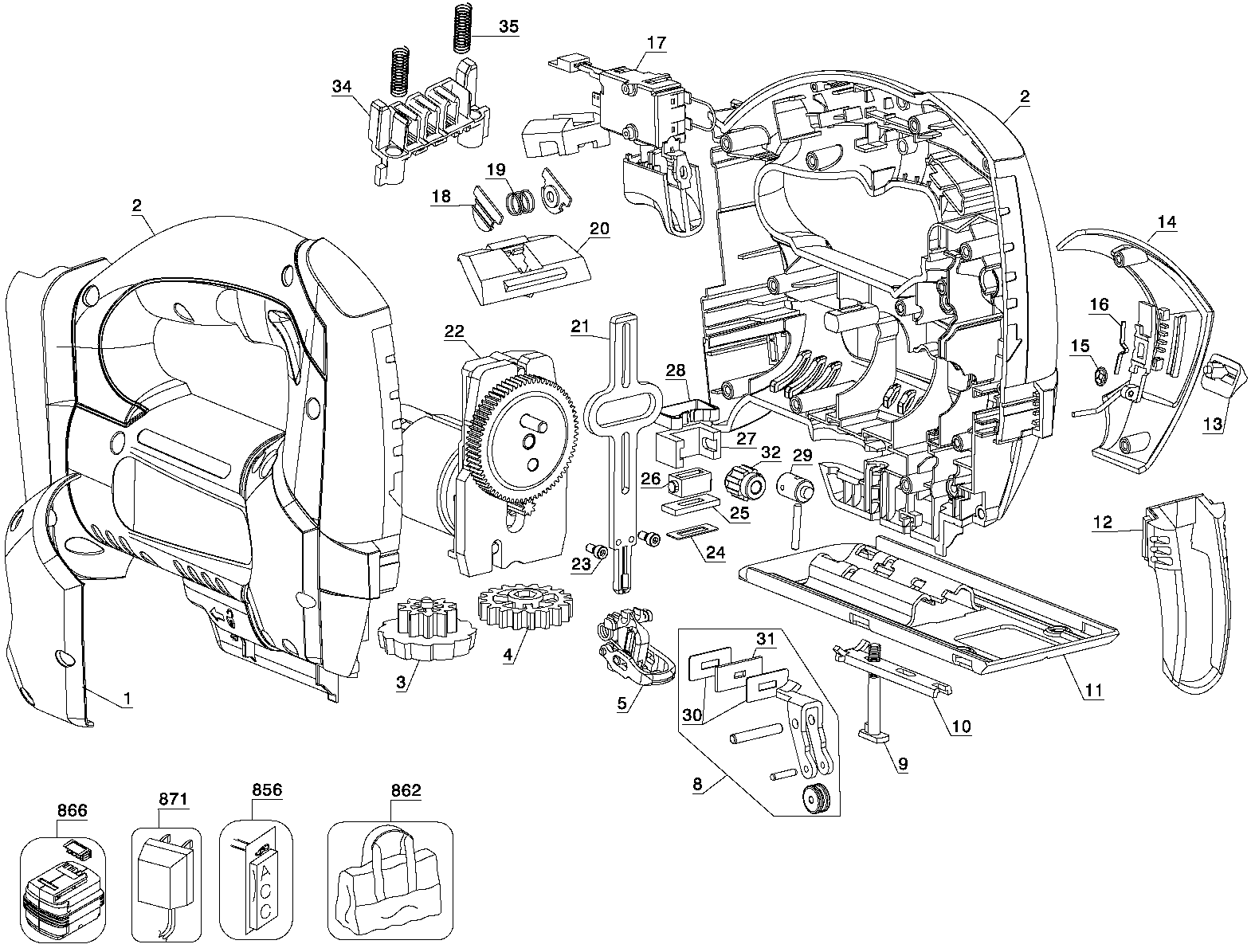 Default Diagram and Parts List for FS1800JS Type 1 Black and Decker Jig Saw